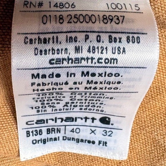 Carhartt B136 BRN Original Dungaree Fit Mens Brown Double Knee Pants 40x32 - Picture 2 of 6